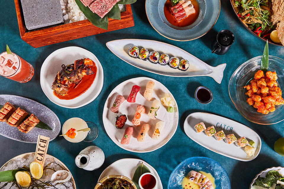Sushi and seafood spread served at CATCH restaurant in Miami
